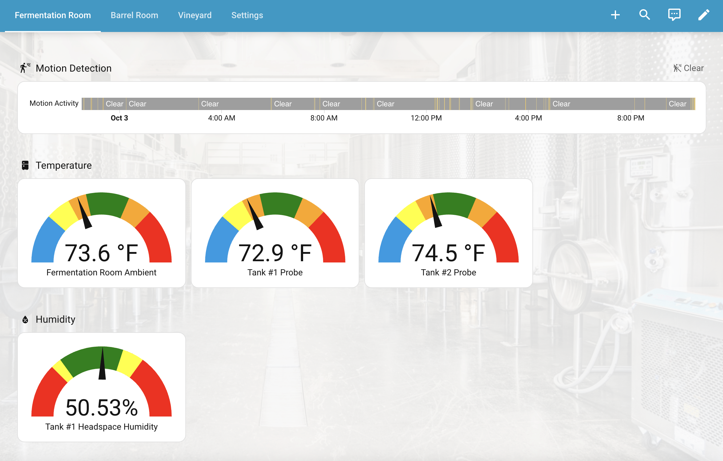 Vintelligence dashboard — real-time environmental monitoring view